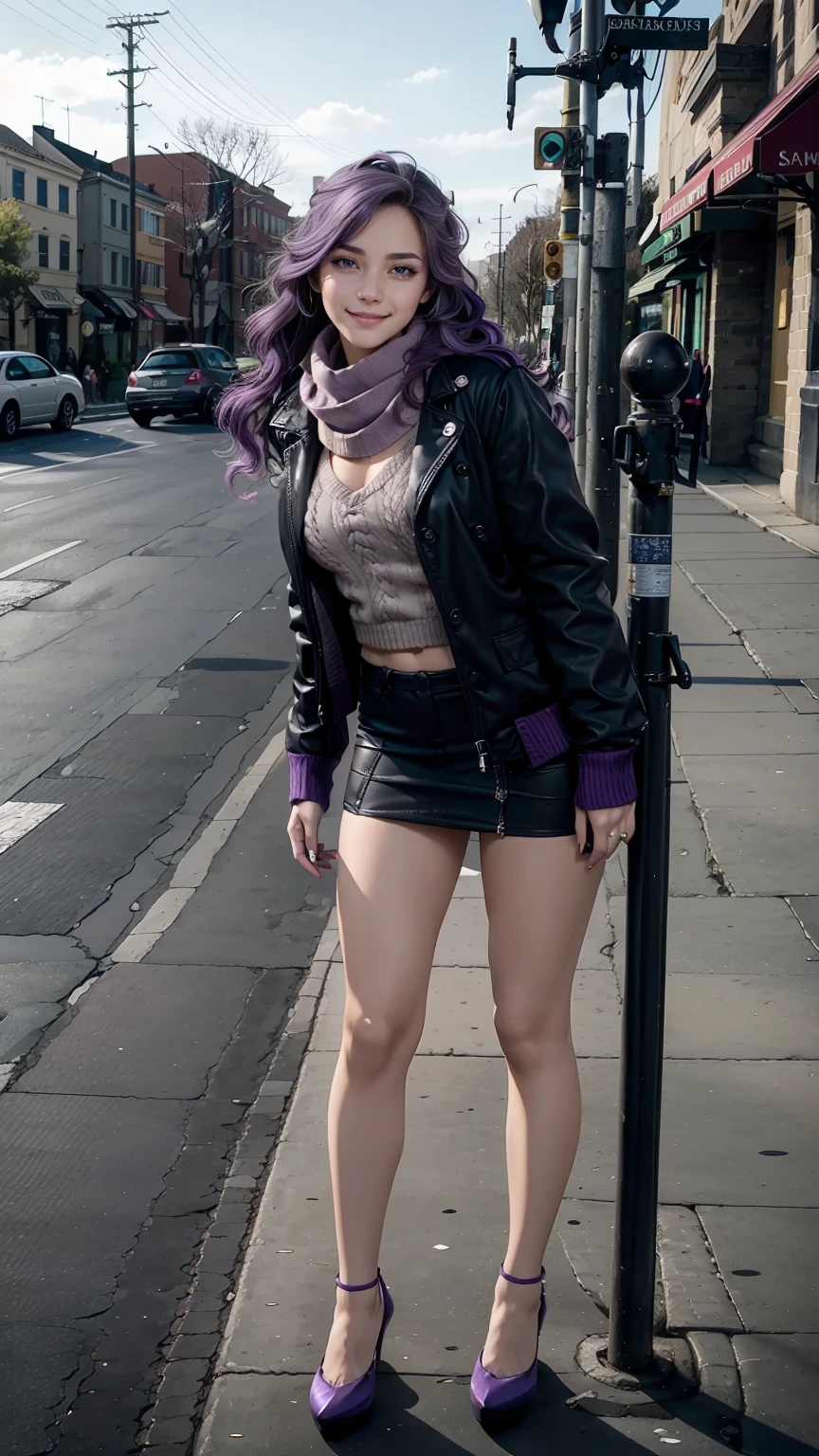 24-year-old Caucasian woman、Hair color is a gradation of brunette and purple、Hair is wavy、Eye color is blue、long hair、slender、smile、wearing a knit top、I'm wearing a miniskirt、Wearing a jacket、I'm wearing pin heels、I'm on the street corner、Wearing a scarf around your neck