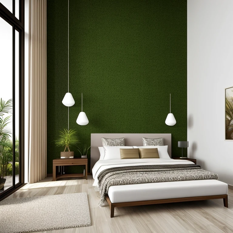 Modern bedroom with luxurious lighting around the room, urban jungle style plants decorate the room, luxurious and modern furniture, mesa de centro com artesanato, forro de gesso, paredes brancas, grande janelas de vidro, cortinas semi abertas, Tv, Quadros modernos, vases with dry branches are decorating the corners of the room. Elegante
e luxuoso tapete,