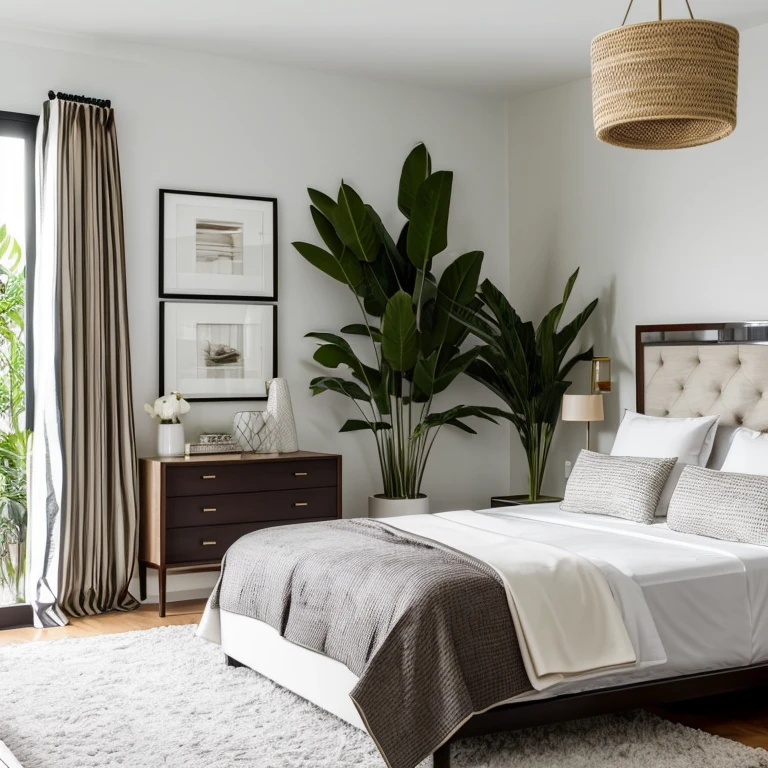 Modern bedroom with luxurious lighting around the room, urban jungle style plants decorate the room, luxurious and modern furniture, mesa de centro com artesanato, forro de gesso, paredes brancas, grande janelas de vidro, cortinas semi abertas, Tv, Quadros modernos, vases with dry branches are decorating the corners of the room. Elegante
e luxuoso tapete,
