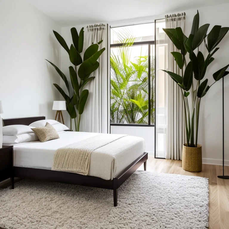 
Modern bedroom with luxurious lighting around the room, urban jungle style plants decorate the room, luxurious and modern furniture, mesa de centro com artesanato, forro de gesso, paredes brancas, grande janelas de vidro, cortinas semi abertas, Tv, Quadros modernos, vases with dry branches are decorating the corners of the room. Elegante
 e luxuoso tapete,