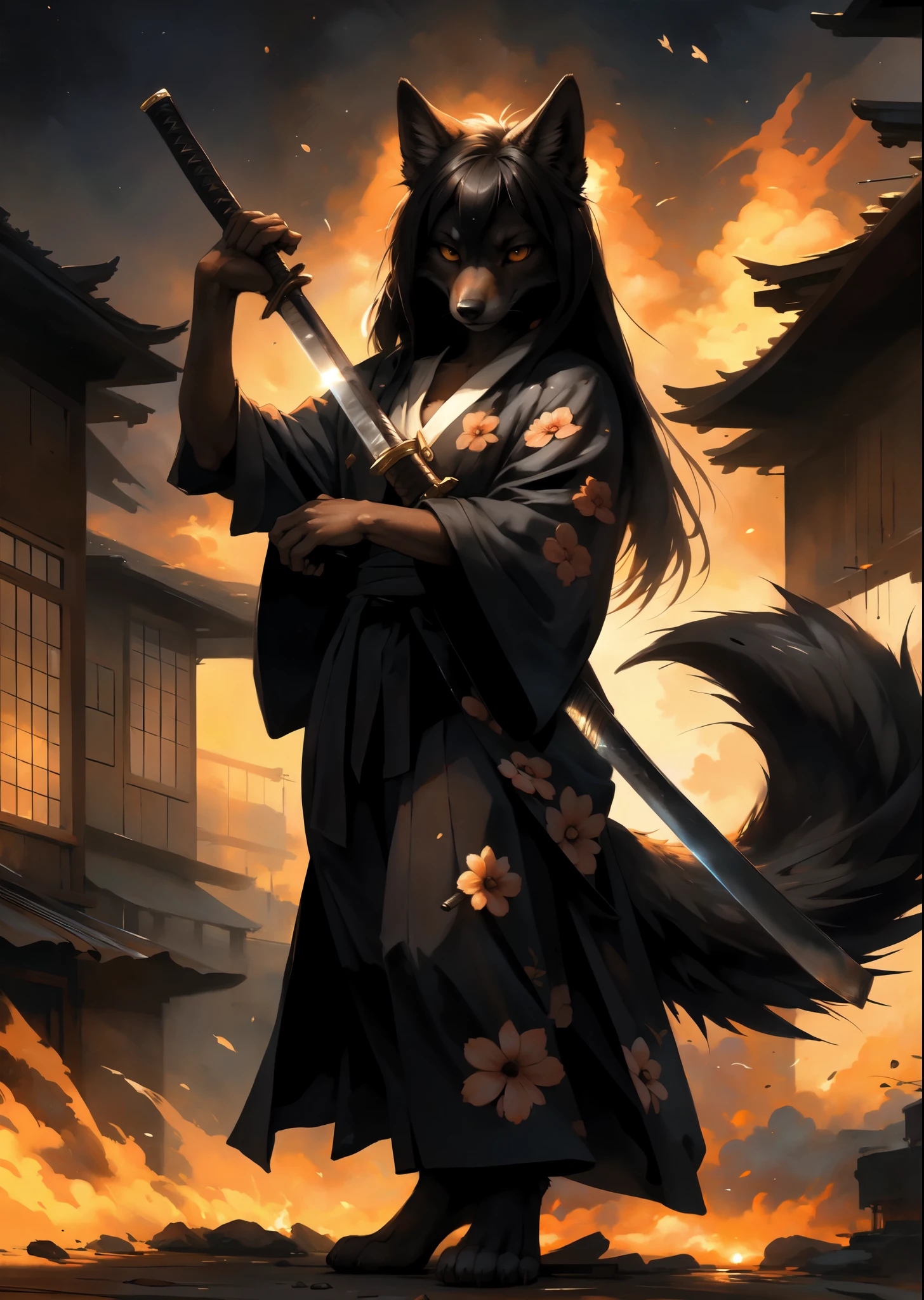 by kenket, by totesfleisch8, (by thebigslick, by silverfox5213:0.8), (by syuro:0.2), black wolf hand, holding katana handle, elegant hand holding elegant handle, blend in perfectly with image, five fingers