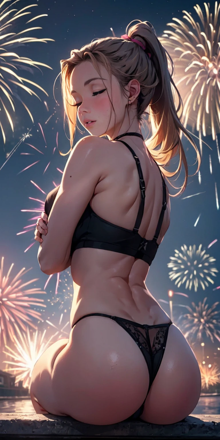(((masterpiece))), (1girl:1.5), hyper detailed, highres, ((best quality)), (extremely delicate and beautiful), {8k cg wallpaper}, illustration, (blush), (braided ponytail | ponytail | hairbun), (extremely detailed background:1.6), (very long black hair|blonde hair), detailed face, night, festival, outdoors, lantern, (fireworks:1.4), paper lantern, snow, wind, snowflakes, hair ornament, closed eyes, (from behind:1.3), sitting, river, riverbank, starry sky, (holding hands:0.6), leaning on person, showing pink thong, nice ass