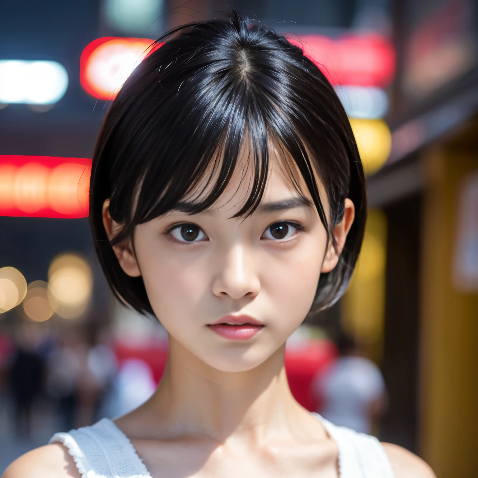 Best-quality, Masterpiece, Ultra-High-Resolution, (Photorealistic:1.4), Raw-Photo, 1girl, 12-years-old, the most popular Japanese idol, portrait, furious, extremely beautiful big-black-eyes, extremely beautiful black-short-cut-haired, extremely beautiful skins, extremely beautiful long-eyelashes, extremely beautiful lips, detailed angry-face