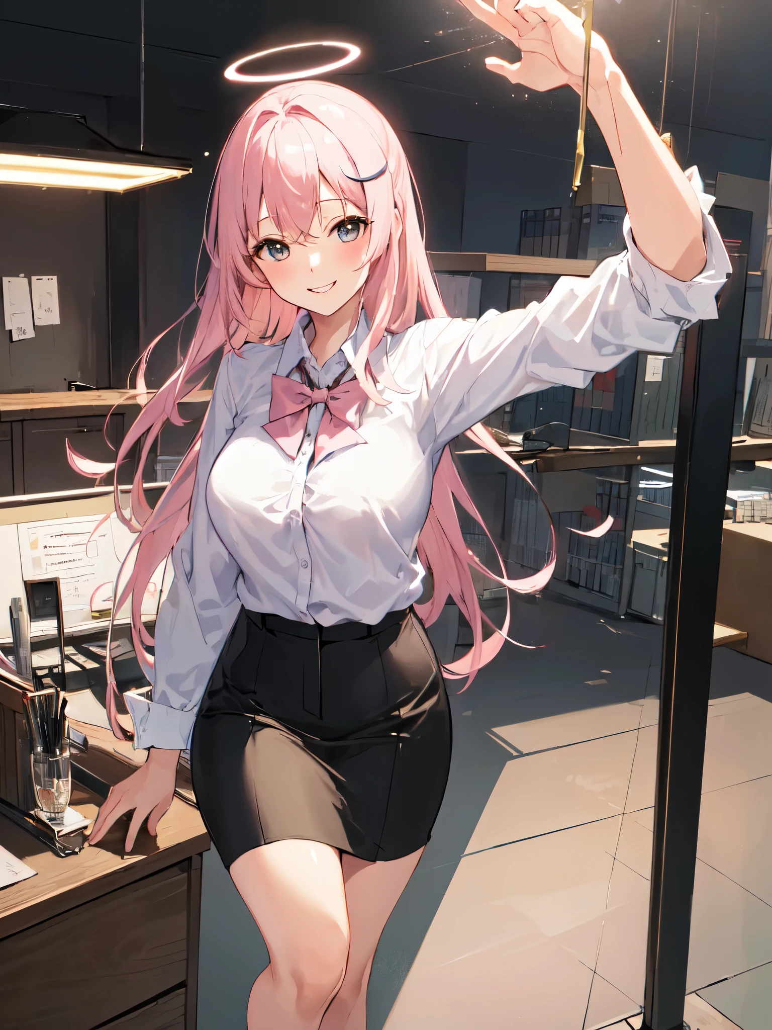 ((masterpiece, best quality)), (1 girl),((adult)), light pink hair, halo, trumpet, ((office lady )),Bangs,Medium chest,(plump),Slim,Smile, [wide hips],office,permanent, Aru \(bluearchive\),