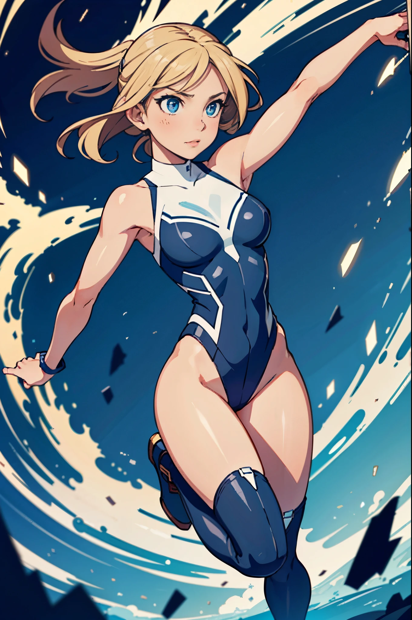 1girl, solo focus, superhero, leotard, highleg leotard, bare legs, boots, spinning her body in rapid speed like a tornado, wind swirls, rapid gyration, tornado spinning girl, tornado spin, turning to a whirlwind, ultra highres, absurdres, beautiful face, detailed eyes, symmetric eyes, {{only five fingers}}, tornado winds, straight legs, tornado swirls, tornado, super spin