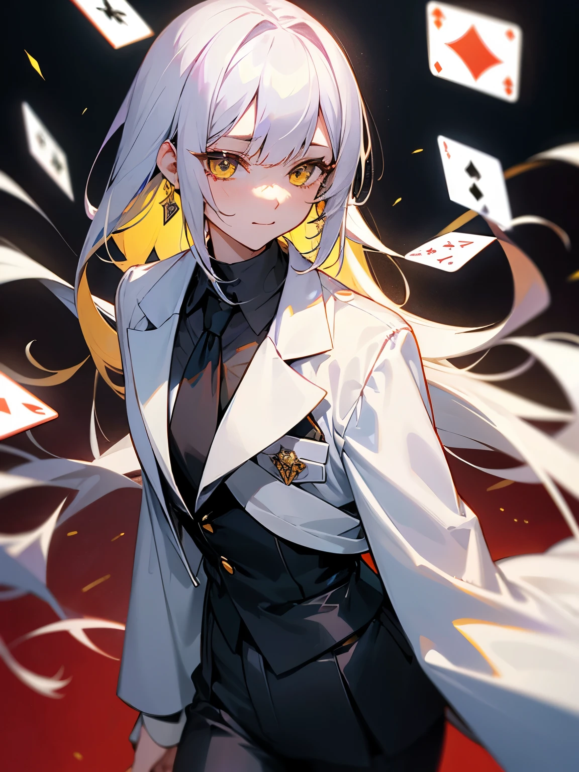 girl、1 person、light purple on the left、white on the rightの髪、The parting at the top of the hair is jagged、straight long hair、casino、playing cardsを使う、Rugged face、white skin、two color hair、subtle smile、be bothered、thin eyebrows、white hair、1 person、The background is a white castle、casino、The parting of the tsumugi is jagged.、Light purple on the left、white on the right、hime cut、white tieに白くて大きなタキシードコート、golden tip、Black suit pants、1 person、girl、adult、white hair、large golden earrings with inverted triangles、casinoをしている、1 person、girl、机の上にcasino、Rugged face、playing cards、yellow eyes、Thin black turtleneck for underwear、white tie、white shirt、large white suit coat、Parting bangs、Patsunlong、Bangs center parting、Straight、sigma、hime_cut、Okappa Long