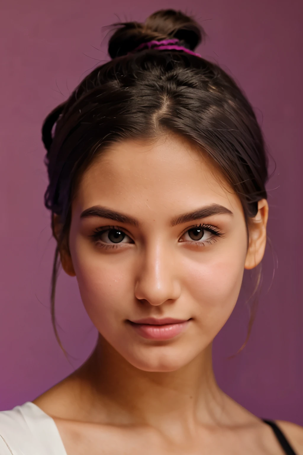 hair tied back and potrait pose near face 
