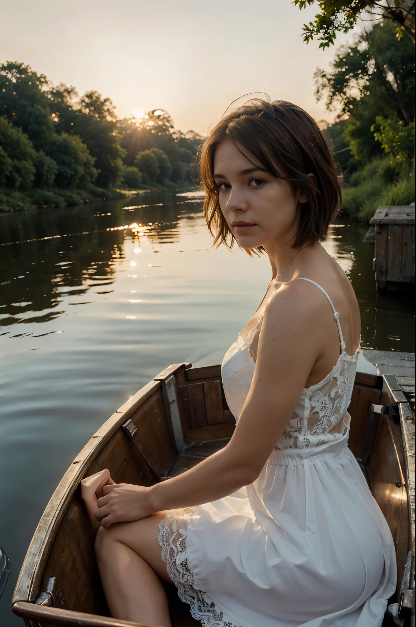 A white-skinned woman in a light lace dress with short brown hair floats in a boat along a quiet river at a foggy sunny sunset, side view, looks at the camera, you can see the reflection in the water, general view