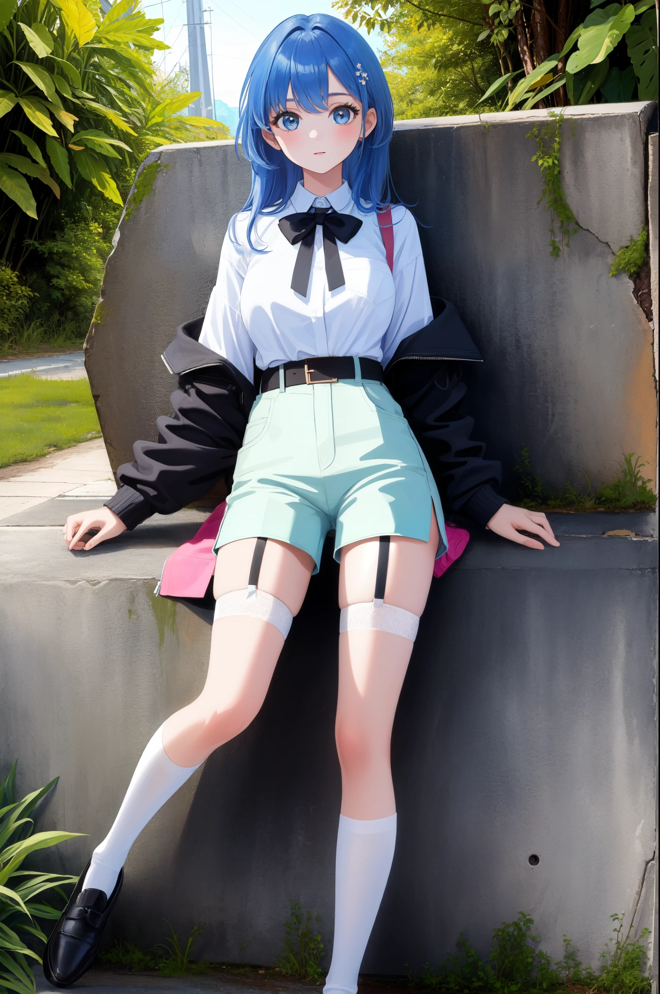 ((masterpiece, best quality)), 1 girl, High, lovely young woman, colored hair, White shirt, shorts, black garters