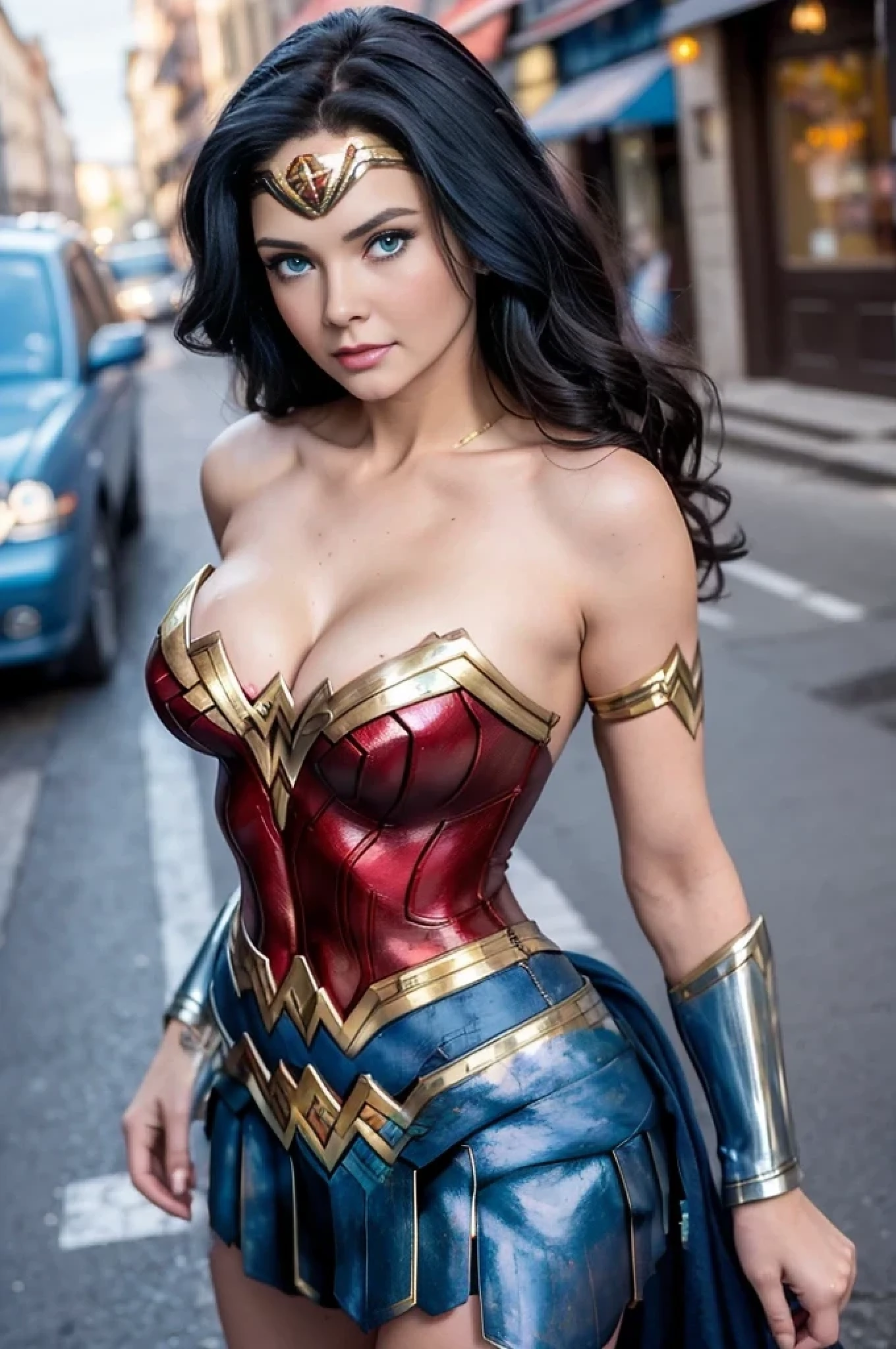 18 year old Lynda Carter, city street, (((Wonder Woman))), (((detailed blue eyes, masterpiece, cleavage))).