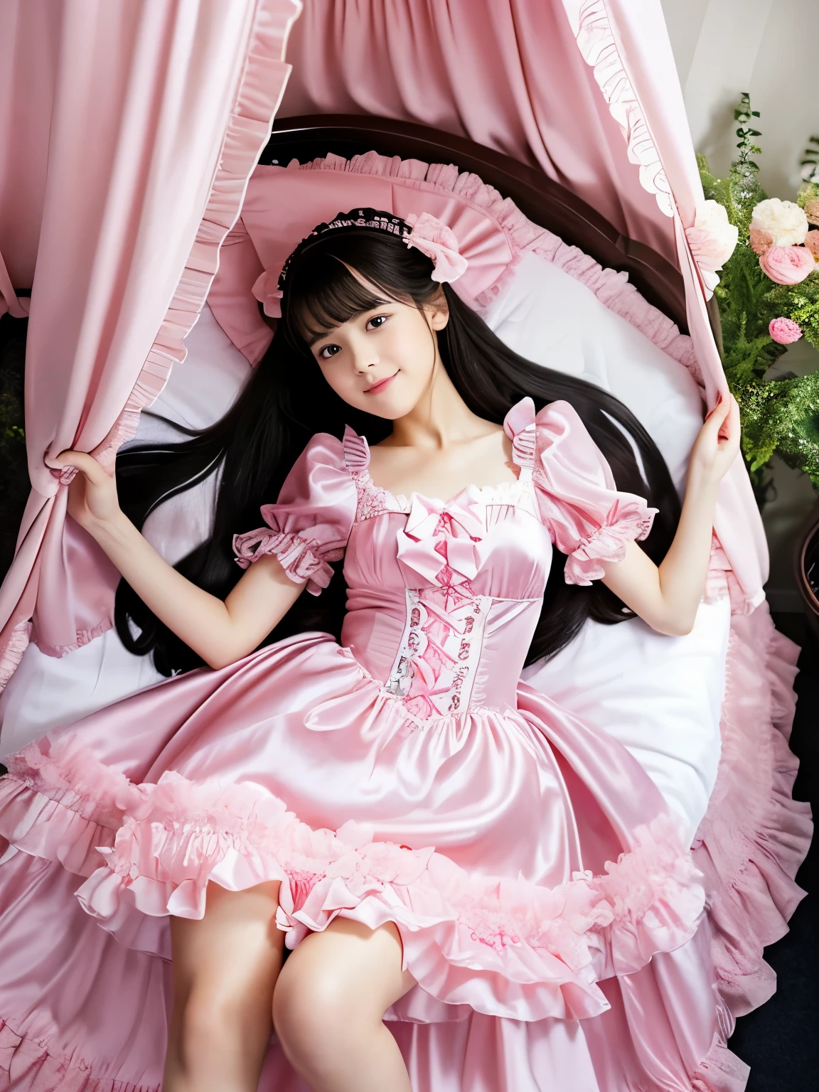 highest quality, masterpiece, highest resolution, artwork, super それにget used to it, many get used to it, get used to it, それにget used to it,(Loli),,the girl is a princess,((girly dark pink satin fabric)), Long hair that reaches to the waist,((A Victorian ballgown dress with plenty of pink ruffles and bows and a voluminous full-length hoop skirt.)),long sleeve,long dress,A dress with lots of frills and ribbons..,luxury,((Palace bedroom)),((Huge square victorian canopy king size bed)),(((the girl is lying on the bed))),,(The girl is asleep),(((Sleeping Princess))),lots of frilly pillows,ruffle bed skirt,