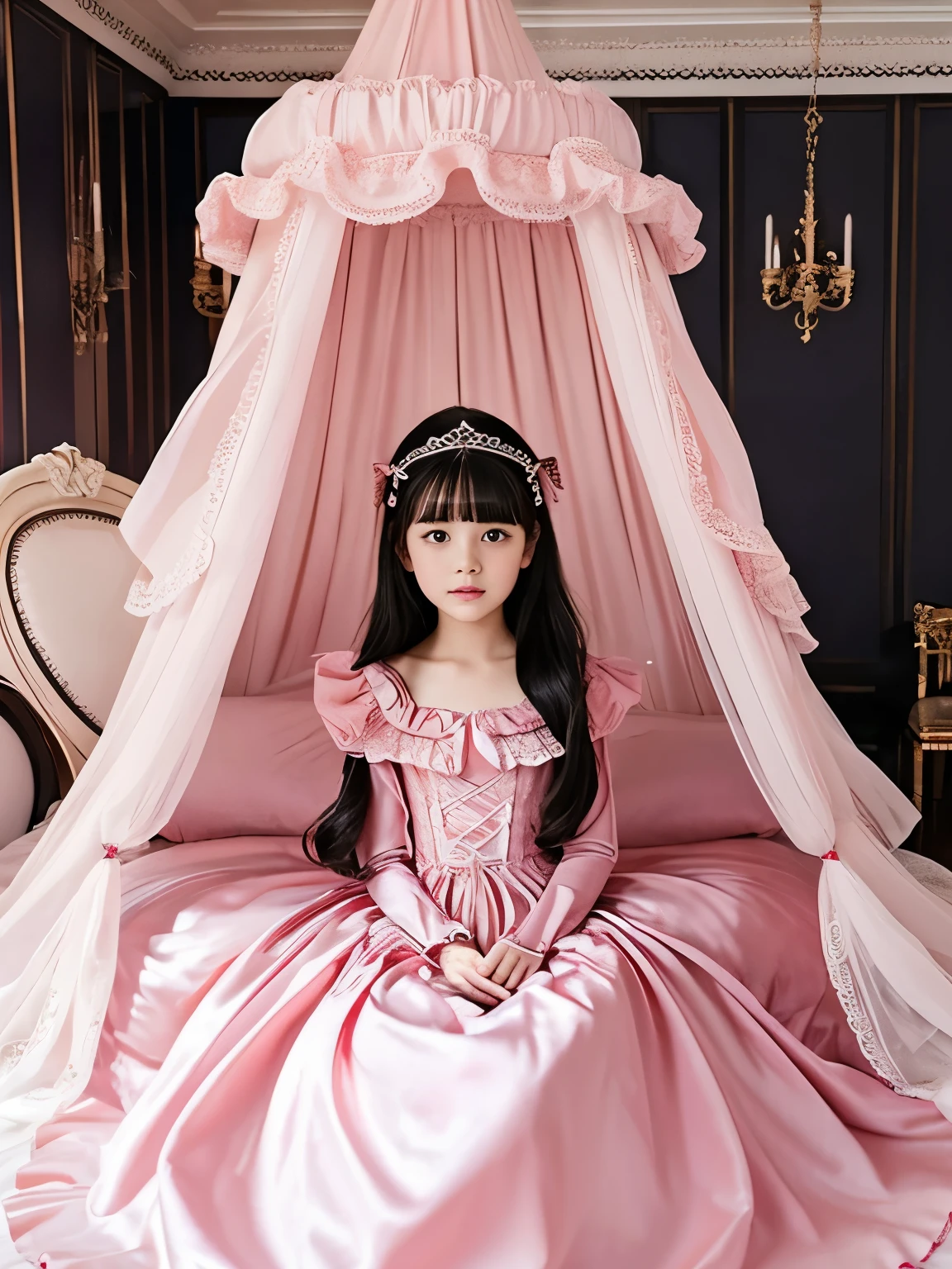 highest quality, masterpiece, highest resolution, artwork, super それにget used to it, many get used to it, get used to it, それにget used to it,(Loli),Child Girl, 10 years old,the girl is a princess,((girly dark pink satin fabric)), Long hair that reaches to the waist,((A Victorian ballgown dress with plenty of pink ruffles and bows and a voluminous full-length hoop skirt.)),long sleeve,long dress,A dress with lots of frills and ribbons..,luxury,((Palace bedroom)),((Huge square victorian canopy king size bed)),(((the girl is lying on the bed))),,(The girl is asleep),(((Sleeping Princess))),lots of frilly pillows,ruffle bed skirt,