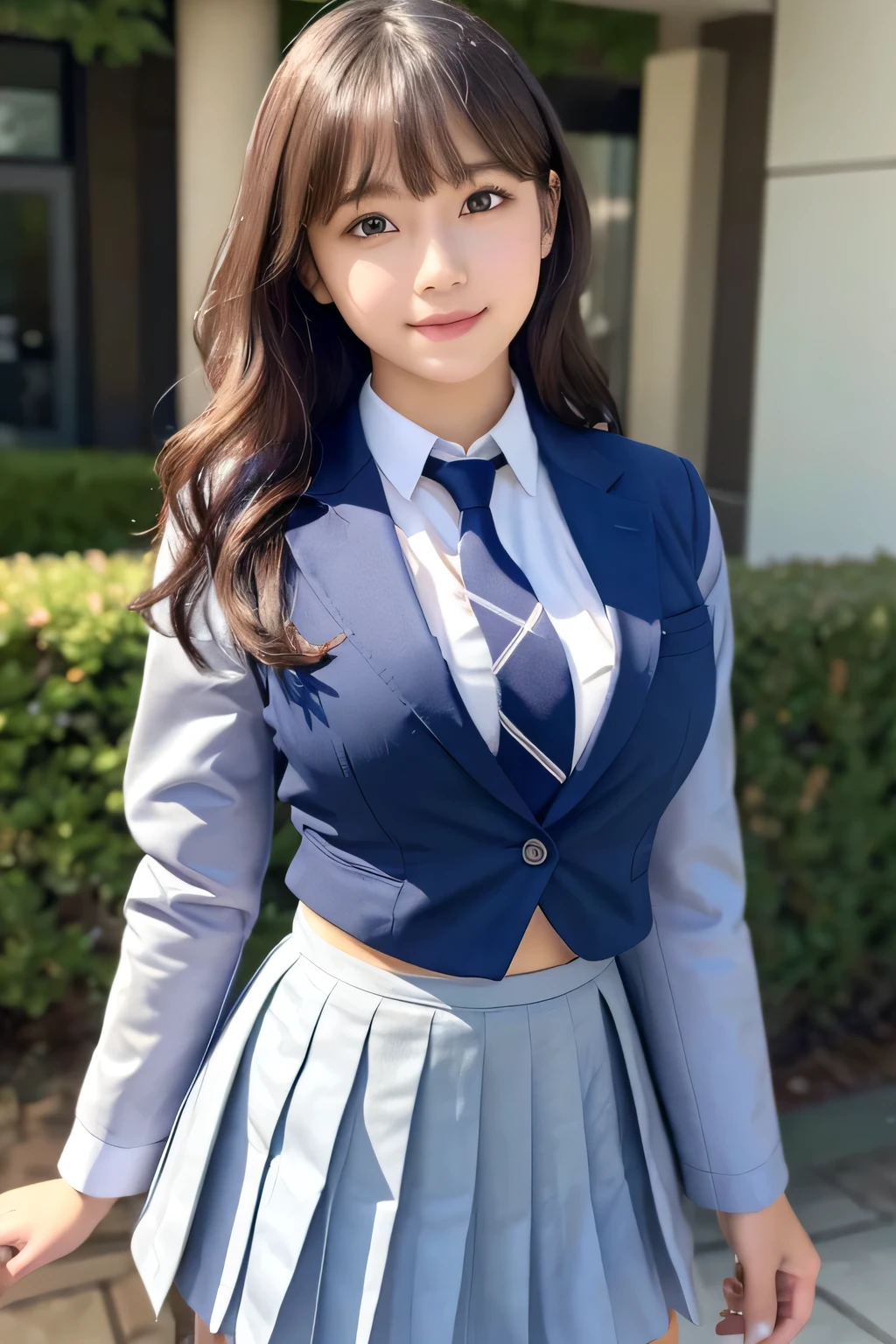 8K, highest quality, real image, intricate details, super detailed, Super high resolution, depth field,(realistic,realistic:1.2), round face、1 girl, Eye_Chan, very beautiful 17 year old girl, innocent big eyes、 beautiful breasts:1.5、highly detailed eyes:1.2)、(beautiful breasts:1.1)、wavy hair、curly hair、bangs、, perfect skin, Fair skin, cleavage, tight waist, huge breasts、 light blush, alone、 looking at the viewer, (smile), ((School_uniform),(dark blue blazer), (white shirt, Wearing a tie), (gray pleated skirt), (sculpture installation :1.1)