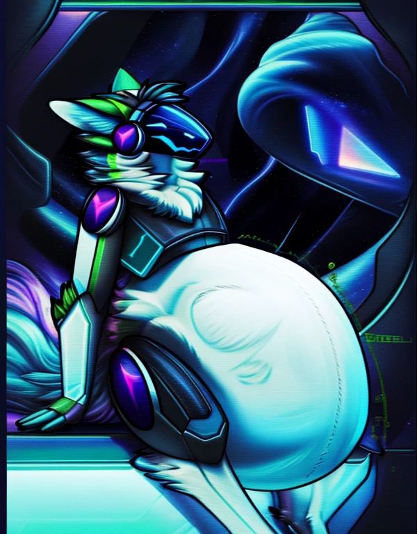 (best quality,4k,highres,masterpiece:1.2),ultra-detailed,realistic,photorealistic:1.37,a female blue eyed protogen with white fur sitting down in a captain's chair with a huge vore belly looking pleased with her struggling prey,illustration,futuristic,glowing lights,shiny metal,high-tech aesthetic,advanced technology,vibrant colors,ethereal atmosphere,otherworldly surroundings,scifi,neon accents,deep shadows,unfolding space,cosmic energy,astral beings,cosmic exploration,vivid dream-like experience.