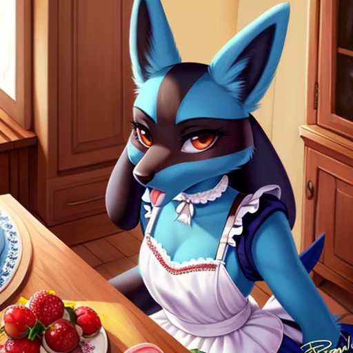 8k, ((masterpiece)),best quality, (max quality),high resolution,high details,max details,detailed background,detailed clear eyes and pupils,lucario, (sits on the table with legs dangling), maid uniform,kitchen,by personalami, oral fucking to viewer, viewer fucking them, cum, canine penis, spread legs, viewer holding legs pleasure, horny, blushing, cum, oral sex,