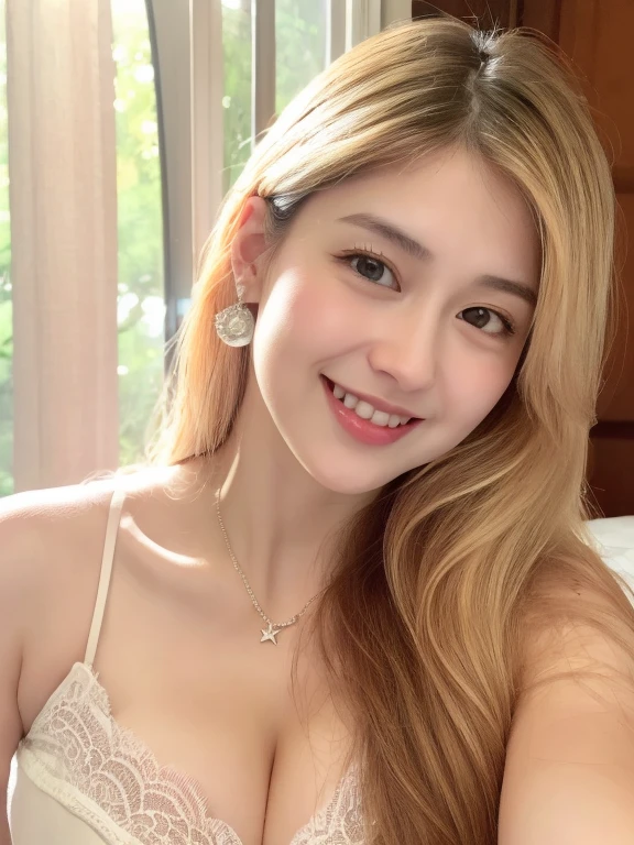 (realistic、high resolution:1.3)、 1 girl with perfect figure、selfee、smile、Long、((white skin:1.3))、Huge breasts:1.3、white bikini、looking at viewers、super fine face and eyes、long hair、 in bedroom, sit on the bed、exposed cleavage、upper body、half body