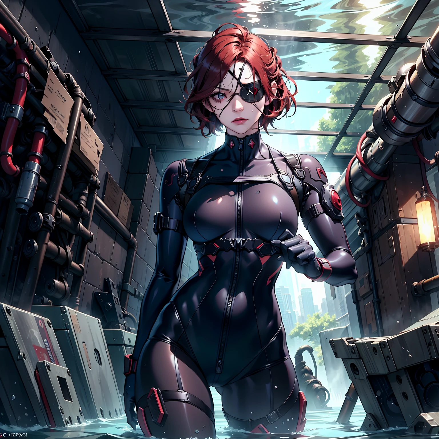 masterpiece, best quality, masterpiece, best quality, finely detail, beautiful detailed eyes, ultra detailed, extremely beautiful CG, super detailed skin, best quality, intricate, {{high quality}}, extra colors, 2D, megapixel, perfectionism, accent lighting, full HD, 4K, villain, dark heroine, 1girl, full body, 1girl, solo female, mature female, full body, contrapposto, resident evil laboratory, metal gear solid v, metroid underwater level, collarbone, red hair, red eyes, short hair, beautiful detailed eyes, weird red hair, short red hair, evil, medium_breasts, best quality, beautifully detailed face, ray tracing, DOF,HDR, thighhighs, fingerless_gloves, skintight clothe, fully clothed, gloves, (eye patch on left eyes:1,2 ), sneaking_suit, tactical gear, tactical uniform, camouflage bodysuit, skintight bodysuit, sneaking_suit, tactical gear, full clothed, indoors, horror movie ambience, character scale for the background, underwater ambience background, science fiction background, indoor, underwater base background, glowing, underwater base, deep water, official art, water infiltration, deep water through window, Pipeline under water, science fiction laboratory, underwater science fiction laboratory background, low water level on ground, corridor, submarine interior,