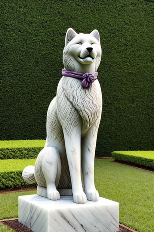 Marble statue made in honor of a very hairy Akita dog with a bandana around its neck sitting on flowering grass