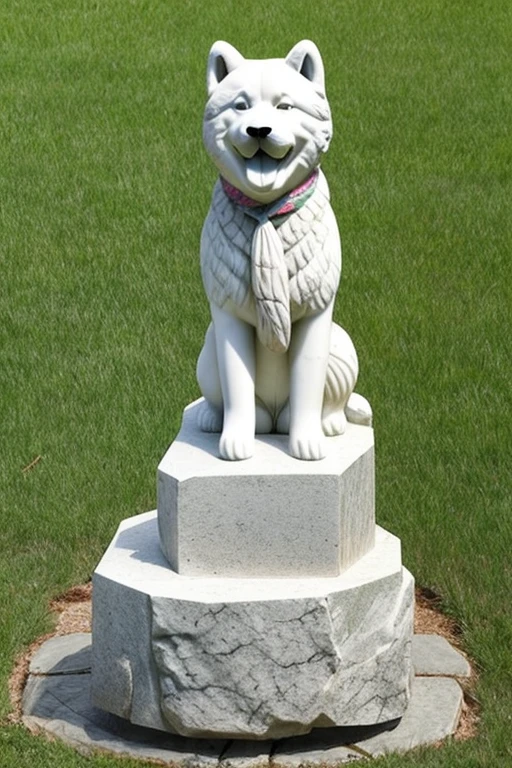  Marble statue made in honor of a very hairy Akita dog with a bandana around its neck sitting on flowering grass
