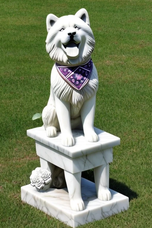  Marble statue made in honor of a very hairy Akita dog with a bandana around its neck sitting on flowering grass
