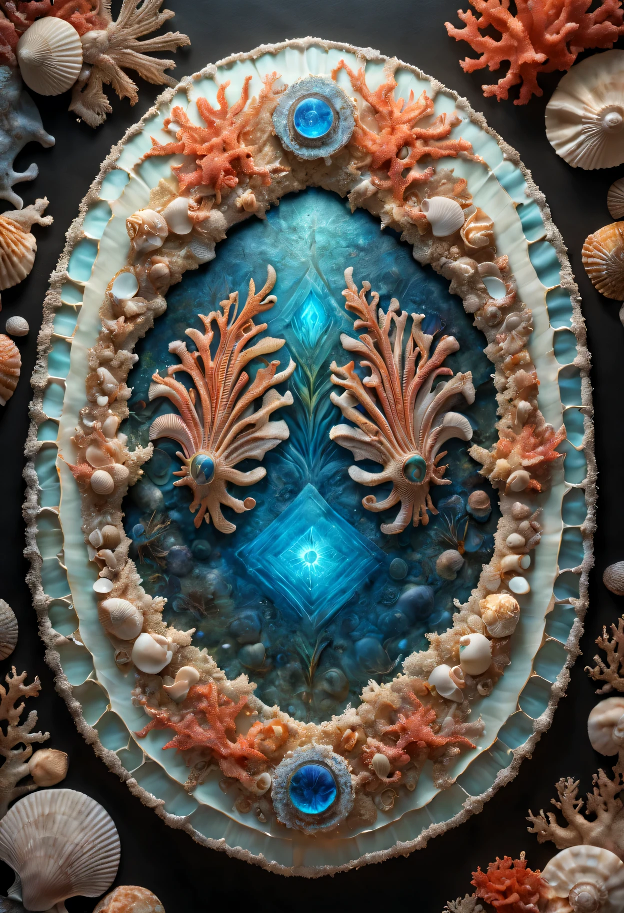 god of the ocean's shield,shield made of seashells and coral,glowing with bioluminescent patterns,best quality,ultra-detailed,realistic:1.37 HDR image,painted with vibrant colors,ethereal atmosphere