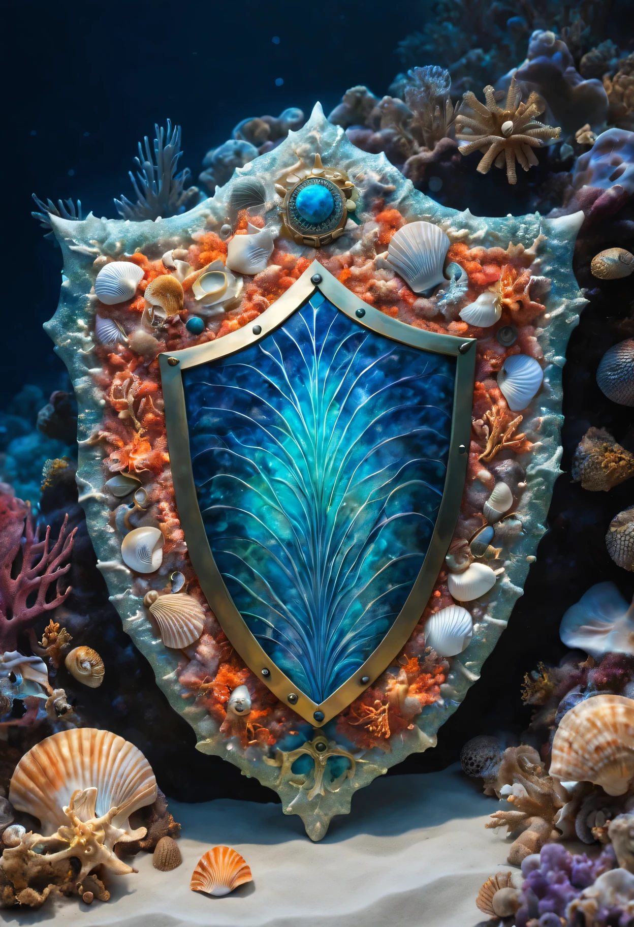god of the ocean's shield,shield made of seashells and coral,glowing with bioluminescent patterns,best quality,ultra-detailed,realistic:1.37 HDR image,painted with vibrant colors,ethereal atmosphere
