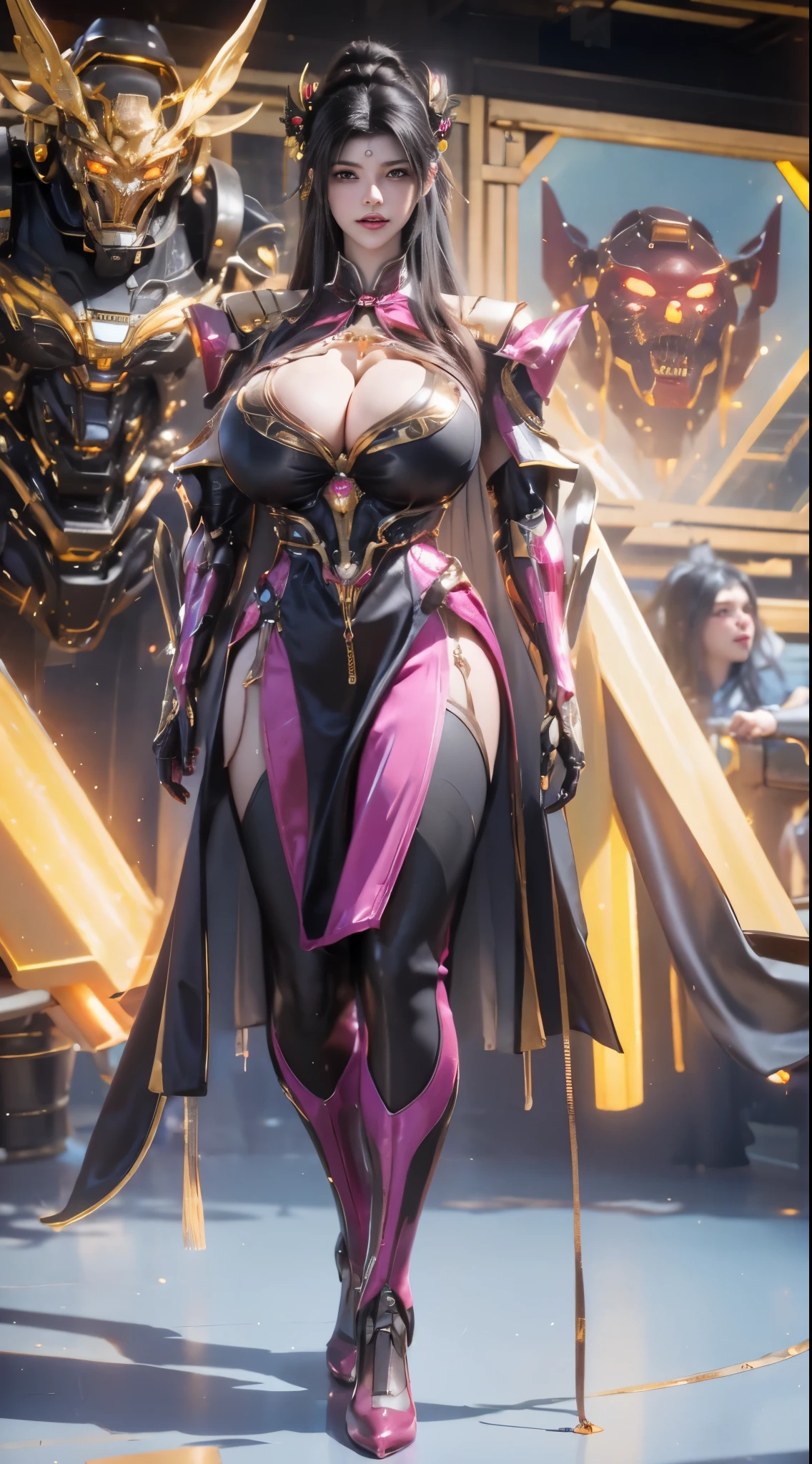(HYPER-REALISTIC:1.5), AI GIRL GRNERATOR (BEAUTY BLACK HAIR,PHOENIX GOLD HELM:1.1), (SWEATY GIGANTIC FAKE BREAST:1.5), ((CLEAVAGE:1.5)), (MUSCLE ABS:1.3), (MAGENTA SHINY FUTURISTIC MECHA QIPAO DRESS, BLACK MECHA SKINTIGHT LEGGINGS:1.5), (VOLUPTUOUS BODY MATURE WOMAN:1.1), (LOOKING AT VIEWER:1.3), (female focus:0.8), (POSE STANDING,HALLROOM OF FUTURISTIC SPACE STATION:1), (BRIGHT LIGHT WHITE_ROOM:1.3), HYPER TEXTURE, (4X MSAA), ((UNREAL ENGINE 5 RENDER)), PHYSICALLY-BASED RENDERING, ULTRA HIGHT DEFINITION, 16K, 1080P.