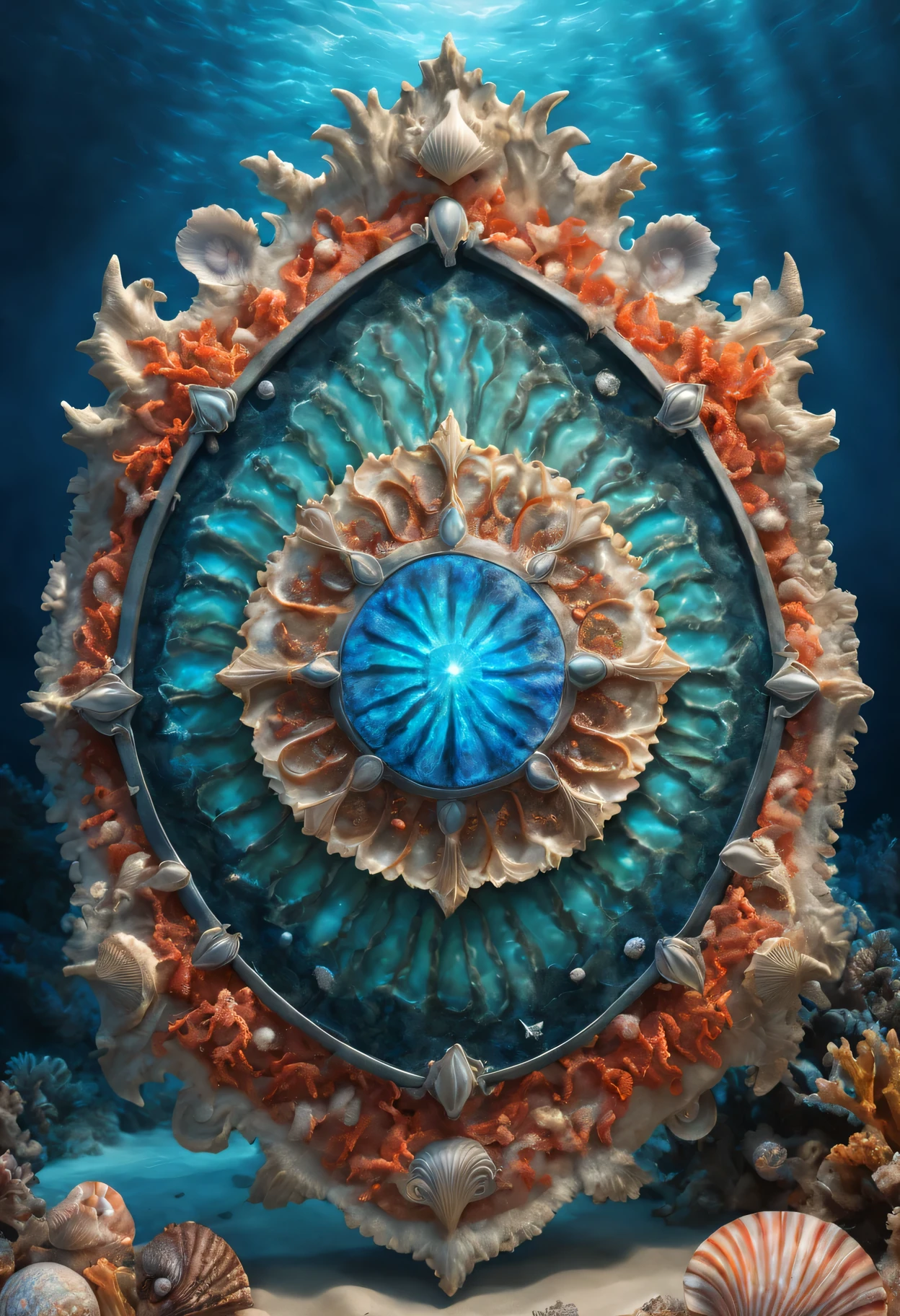 god of the ocean's shield,shield made of seashells and coral,glowing with bioluminescent patterns,best quality,ultra-detailed,realistic:1.37 HDR image,painted with vibrant colors,ethereal atmosphere