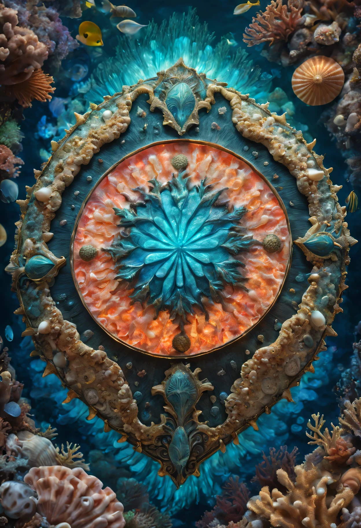 god of the ocean's shield,shield made of seashells and coral,glowing with bioluminescent patterns,best quality,ultra-detailed,realistic:1.37 HDR image,painted with vibrant colors,ethereal atmosphere