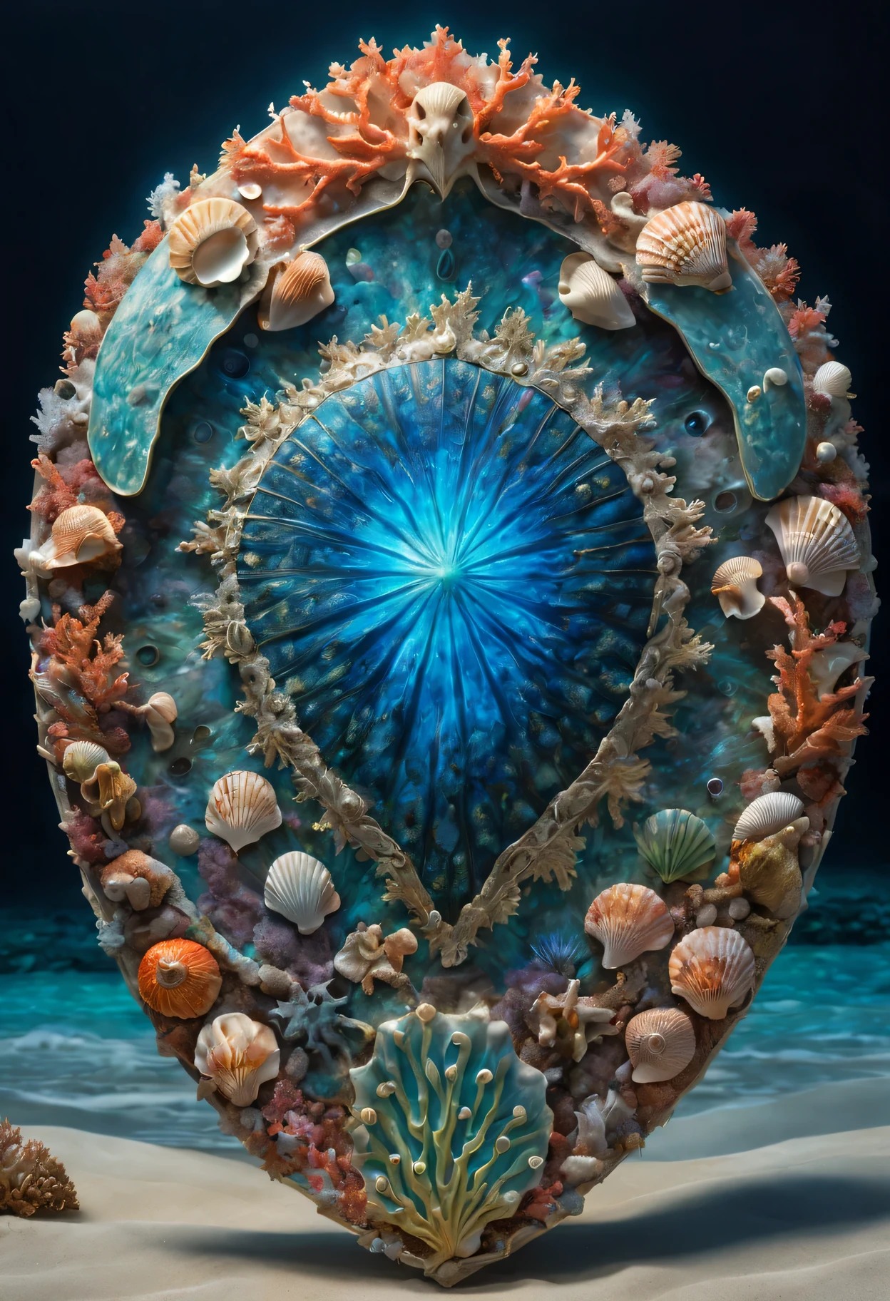 god of the ocean's shield,shield made of seashells and coral,glowing with bioluminescent patterns,best quality,ultra-detailed,realistic:1.37 HDR image,painted with vibrant colors,ethereal atmosphere