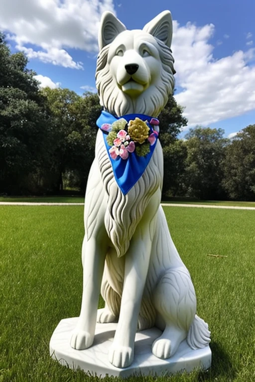  Marble statue made in honor of a very hairy collie dog with a bandana around its neck sitting on flowering grass

