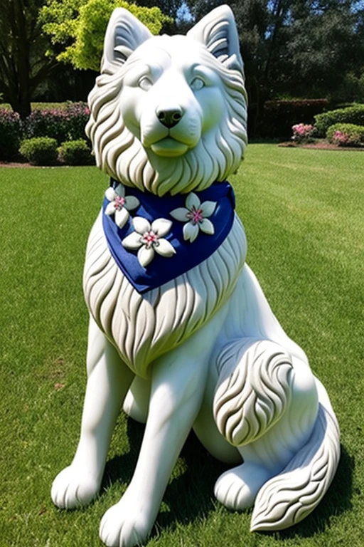 Marble statue made in honor of a very hairy collie dog with a bandana around its neck sitting on flowering grass