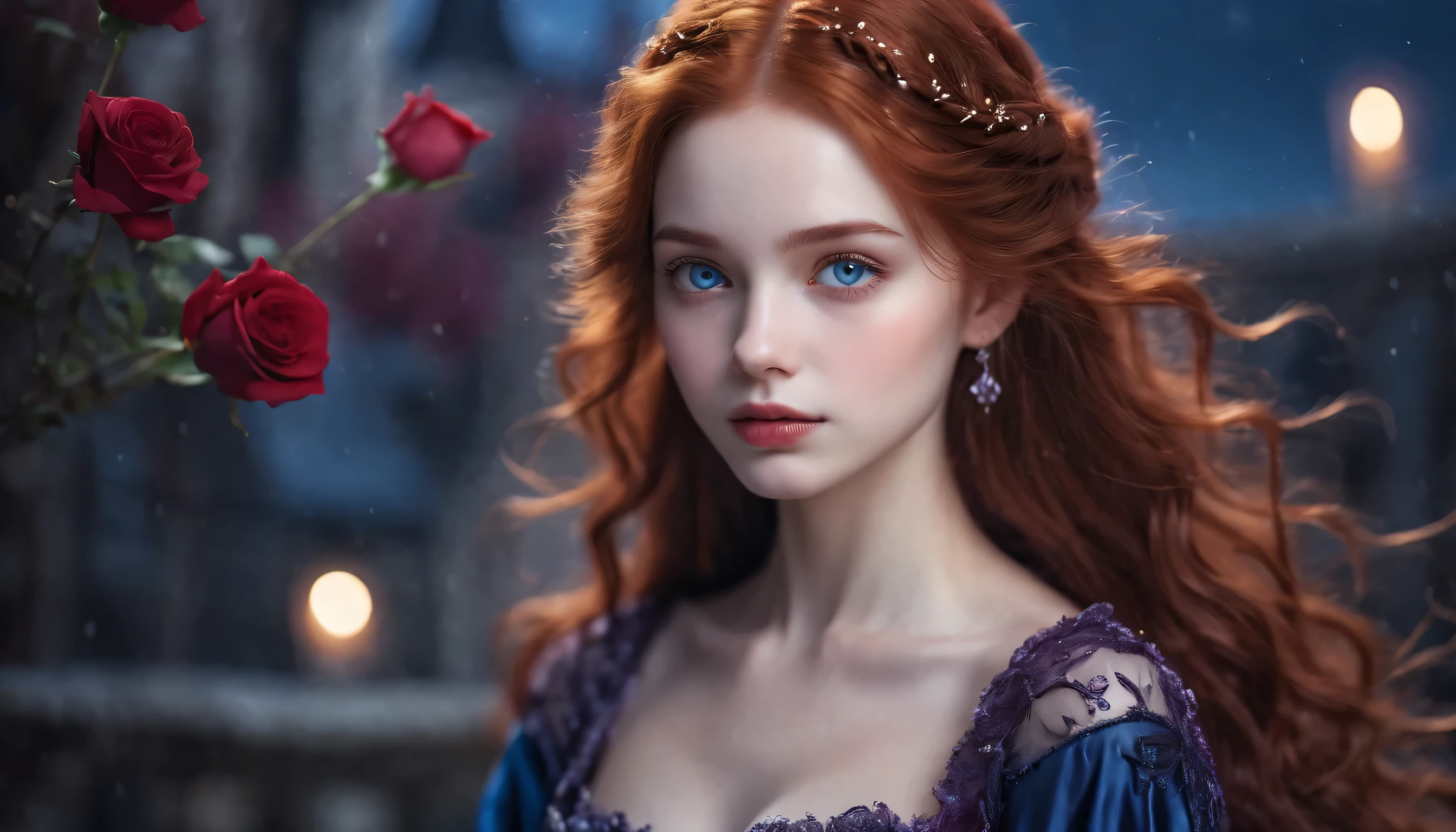 2 girls, two girls, Vampire Princesses,16 years old,breathtakingly beautiful,blue eyes, long curly red hair,(best quality,4k,8k,highres,masterpiece:1.2),ultra-detailed,(realistic,photorealistic,photo-realistic:1.37),softly glowing pale skin,pure blooded,porcelain-like complexion,elegant and refined features,graceful posture,dark and mysterious atmosphere,gothic fashion,flowing black lace dress,touch of red in her clothes,dainty silver jewelry with ruby accents,subtle yet captivating smile,slightly pointed canines,translucent wings resembling bat wings,subtle shimmering effect on her wings,gardens filled with blooming blood roses,vivid red petals contrasted with the darkness,enchanting moonlit night,dark and hauntingly beautiful castle in the background,splashes of moonlight illuminating her ethereal beauty,dark shadows and dramatic lighting,icy stare that freezes the hearts of those who dare to meet her gaze,air of authority and power,symbol of both danger and allure,night sky filled with swirling mist and sparkling stars,subtle color palette with shades of deep blue,purple,and black,subdued lighting with soft moonlight casting an ethereal glow,vibrant yet elegant style,with a touch of darkness and mystery,portraits,fantasy,horror.