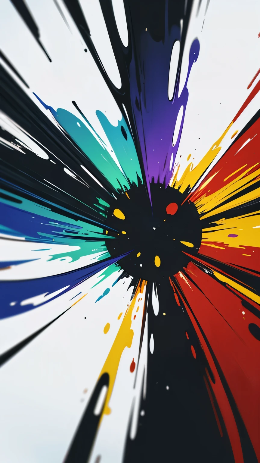 Top down view of spin fluid art painting exploding outwards from the middle, with Dark color background and glow-in-the-dark UV paints of Green, Red and Yellow in a Ultra violet lighting environment.