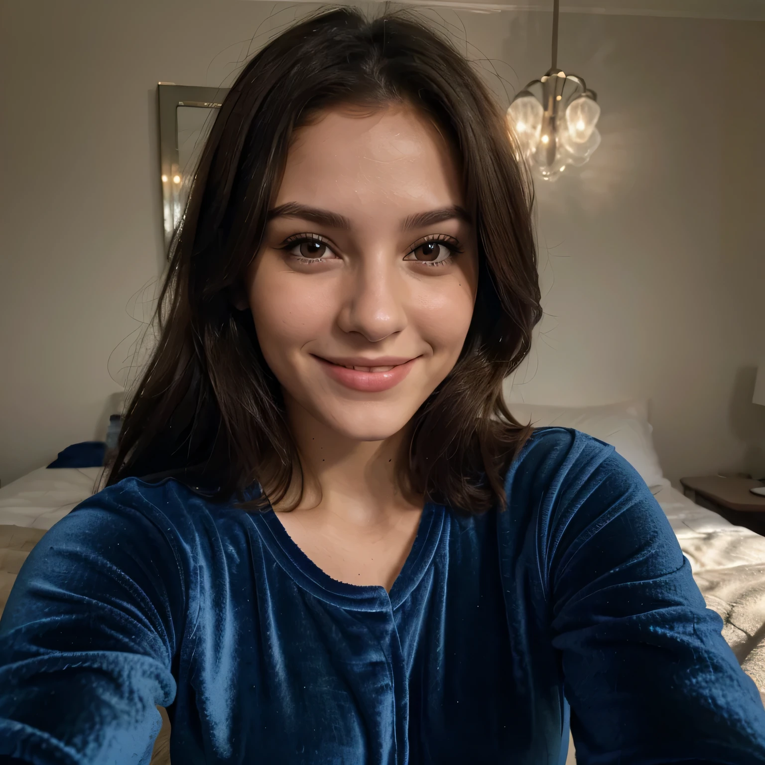 photorealistic portrait of a beautiful brunette girl smiling cute, looking straight at the viewer, selfie shot, wearing a Dark Blue Velour Crop Pyjama Top