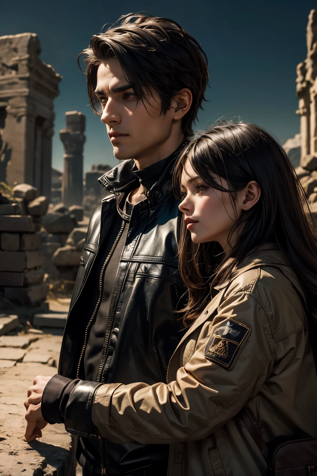 Upper body close-up image.Two beautiful men and women. Mid twenties. The man has short black hair. The woman has dark brown hair and grows it long. Both are wearing jackets. The ruins of an ancient civilization exist in the space behind the two.