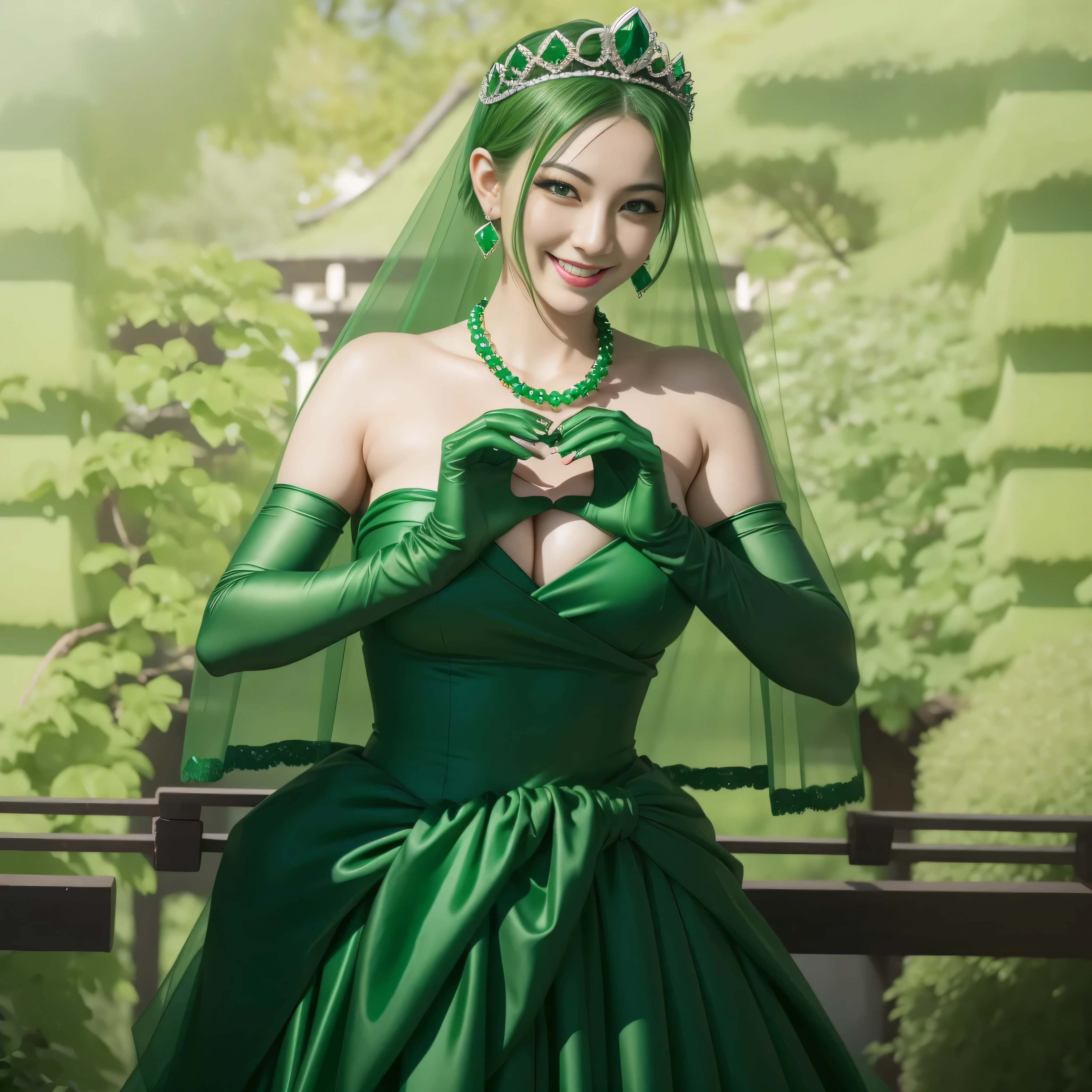 emerald tiara, green pearl necklace, ボーイッシュな非常に短いgreen hair, lipstick, smiling Japanese woman, very short hair, Beauty with large breasts, green eyes, Long Green Satin Gloves, green eyes, emerald earrings, green veil, heart with both hands, green hair