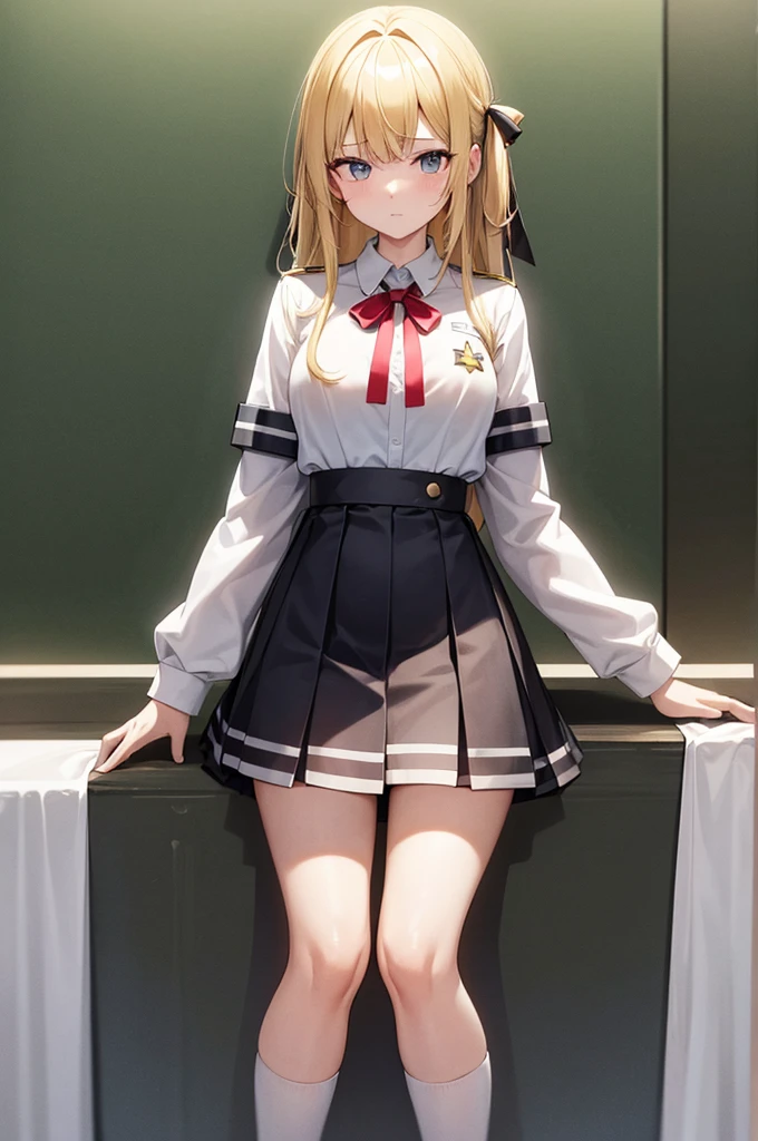 [(masterpiece: 1.1, highest quality: 1.1), Shy high school girl in uniform, emphasize, , Sheer, Somewhat 0.8, yellow hair, Wet, swollen chest,black knee high socks,black and yellow mini skirt,The background is bright sunlight,red ribbon on the chest
