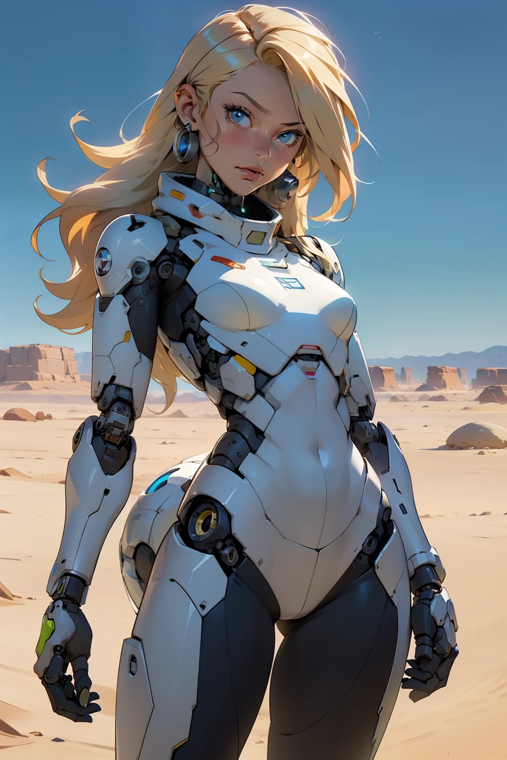 high quality, 4k, masterpiece, beautiful, cyborg girl, cowboy shot, dull eyes, looking at viewer, long blonde hair, girl, small breasts, fit thigh, robotic arms, robotic body, cyborg body, yellow accent, intricate detail, joint, detailed lines, robotic detail, holding fist up, holding hand up as fist, color robotic parts, robotic parts with color, perfect fingers, on a desert planet, sunny background, colorful desert,