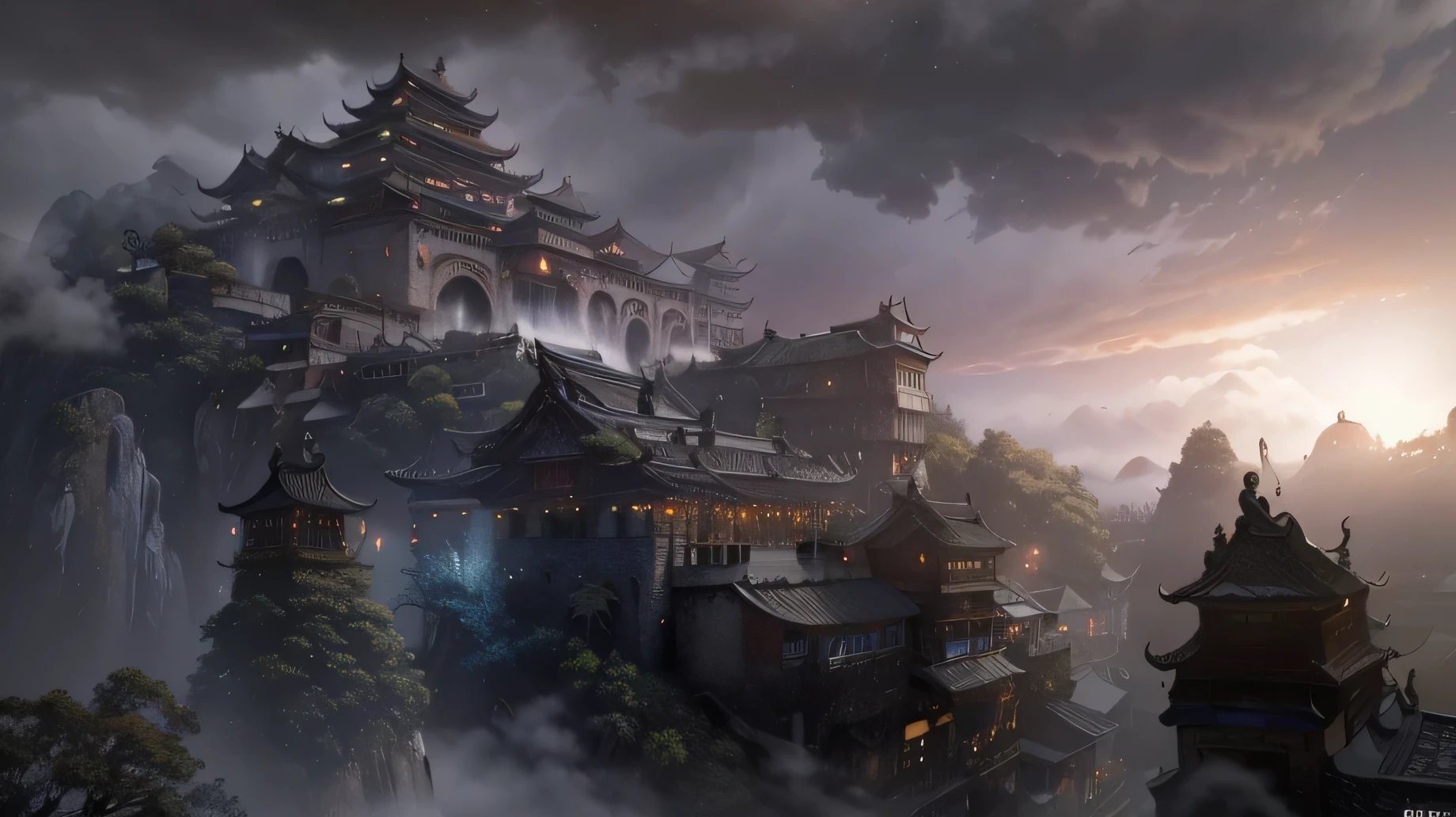 ((masterpiece)), (((better quality))), ((Super detailed)), (Combined with CG 8K extreme details )), (8k, original photo, better quality, masterpiece: 1.2), (make it: 1.4), Ancient Chinese village, ancient city at dusk, Fog fills the whole city, well worn, ruined