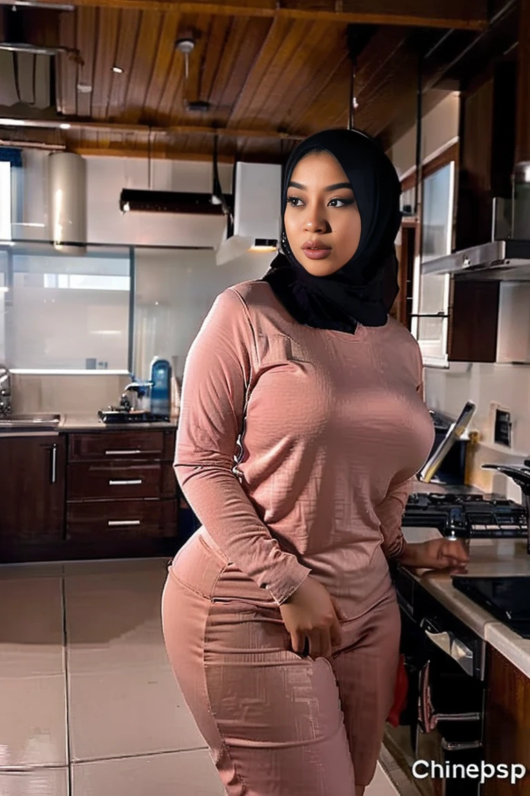 hyperrealistic, ultra high resolution, Indonesia woman 25 year old slightly fat, curvy body. wearing long tshirt stand next step of kitchen set. above view persepektif. cinematic