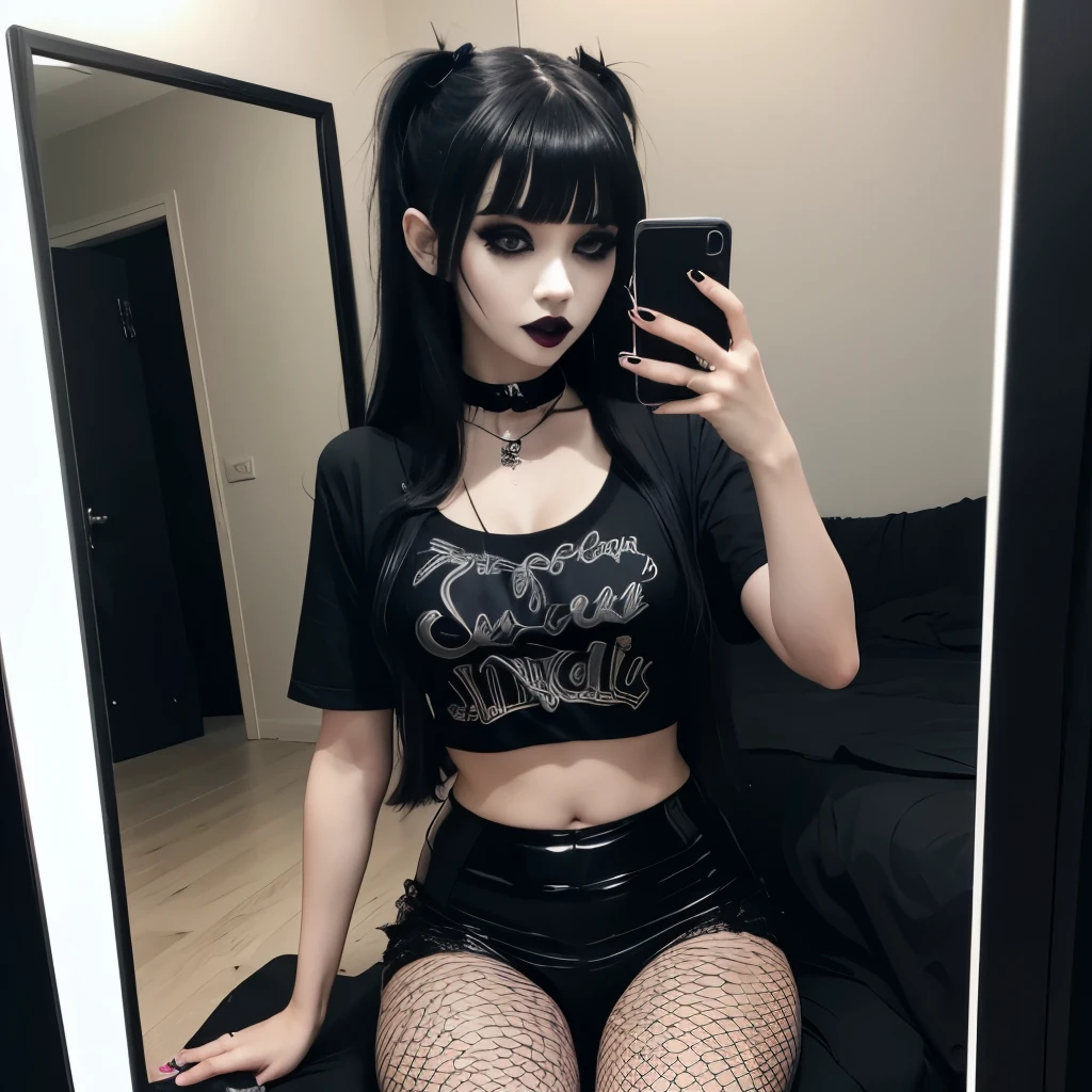 1girl, woman, goth, swept fringe with bangs, black hair, black lips, black lipstick, eyeliner, msacara, eye shadow, mirror selfie, tshirt, bedroom, goth girl, pale skin, sitting, goth makeup, dark eyes, smoky eyes, panties, full body, fishnets