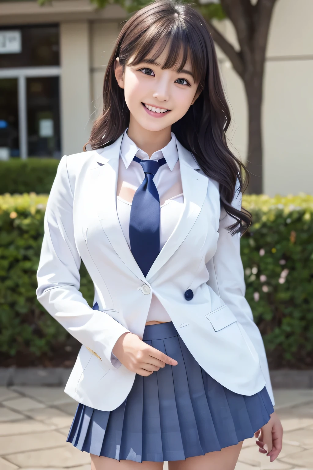 8K, highest quality, real image, intricate details, Super detailed, ultra high resolution, depth field,(realistic,realistic:1.2), 1 girl, eye_Chan, very beautiful girl, innocent 大きなeye, 大きなeye、beautiful breasts:1.5、非常に詳細なeye:1.2)、(beautiful breasts:1.1)、wavy hair、curly hair、bangs、, perfect skin, Fair skin, cleavage, tight waist, huge breasts、light blush, alone、 looking at the viewer, (laughter, white teeth), ((School_uniform),(dark blue blazer), (white shirt、Wearing a tie), (gray pleated skirt), (sculpture installation :1.1)、Station Square