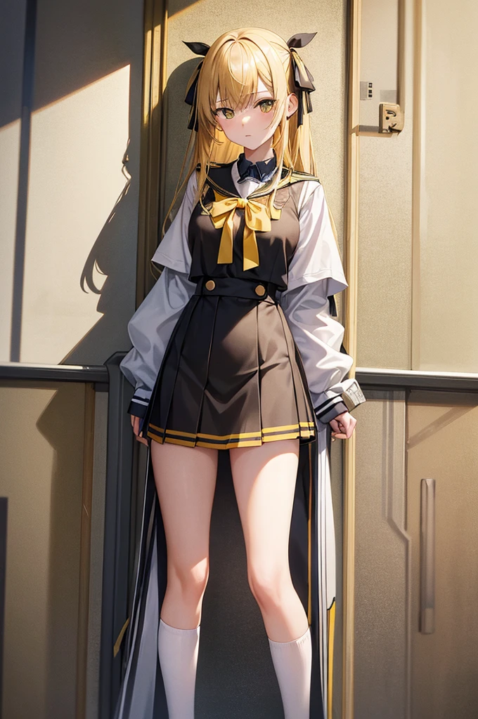 [(masterpiece: 1.1, highest quality: 1.1), Shy high school girl in uniform, emphasize, , Sheer, Somewhat 0.8, yellow hair, Wet, swollen chest,black knee high socks,black and yellow mini skirt,The background is bright sunlight,red ribbon on the chest,black and yellow emblem on shoulder