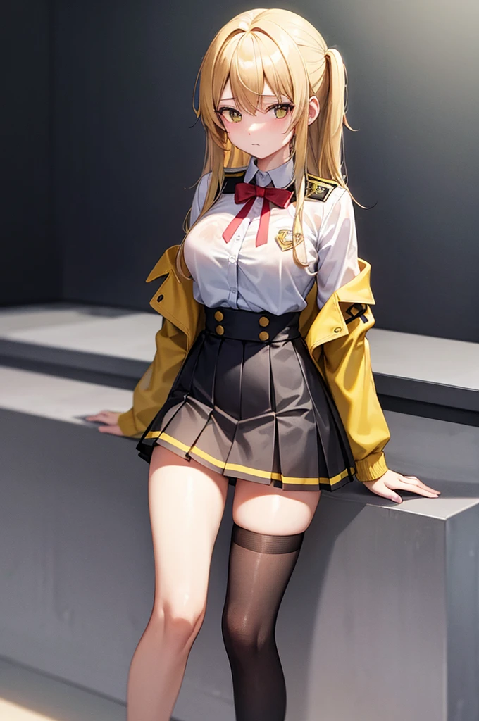 [(masterpiece: 1.1, highest quality: 1.1), Shy high school girl in uniform, emphasize, , Sheer, Somewhat 0.8, yellow hair, Wet, swollen chest,black knee high socks,black and yellow mini skirt,The background is bright sunlight,red ribbon on the chest,black and yellow emblem on shoulder