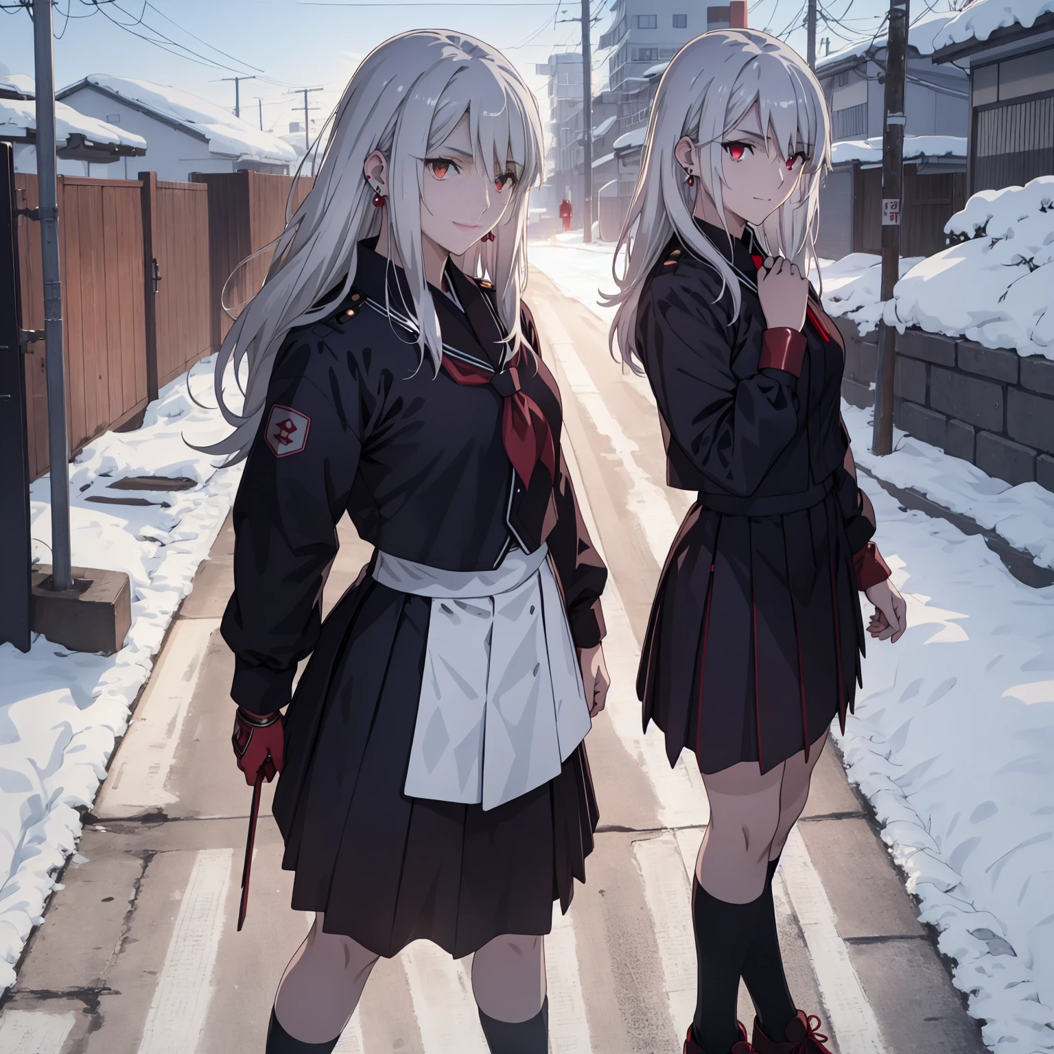 sukeban illyasviel_von_einzbern, mature_female, silver hair, holding yoyo, combat pose, full body, flowing hair, hair between the eyes, asymmetrical hair, red eyes, delicate facial features, sukeban deka clothe, looking_at_viewer, outdoors, background tokyo, ((solo girl:1,5))+++++,woman in a 80's sukeban seifuku standing on a set of strees, black school uniform, 80's japanese sukeban photo, sukeban seifuku, 80's japan, sukeban, long black skirt, red converse, full body, light skin tone female, full body, tape, arm_support, gloves, red_gloves, bridal gauntlets, blackred_footwear, fighter outfit, full body, hourglass, mature face, cheeky smile, cheeky face, wrinkles,( silver long hair, earrings, ear piercings), realistic, (fighting art, Martial arts, standing, fighting_stance, fight, fighting), extra colors, 2D, megapixel, perfectionism, accent lighting, full HD , 4K, masterpiece, empty red eyes