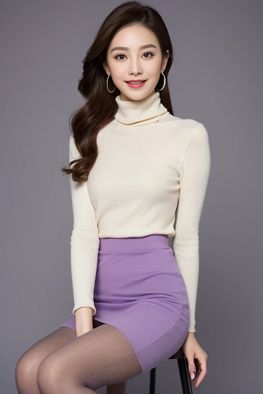 (highest quality),(full body portrait),(long and thin legs),delicate face,cute face,Slender,(light purple turtleneck、ivory tight skirt)、Offices on high floors、It has large windows、detailed background、adorable，smile，sitting pose，(black pantyhose),high heels、Ring-shaped earrings、Tiffany's Necklace、Chain Bracelet
