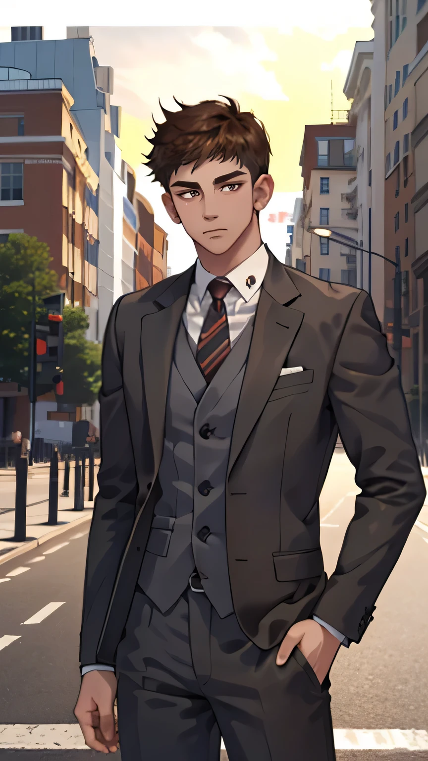 masterpiece, best quality, actual, 1 person, mature male, Quiet and charming young man, 25 years old, close eyes, Serious expression, extremely detailed face, ((dark gray eyes)), ((Dark brown right-handed short hair)), [thick eyebrows], detective, Standing in the city, ((suit)), Cinema lighting, looking at the audience, postural dynamics, giggle