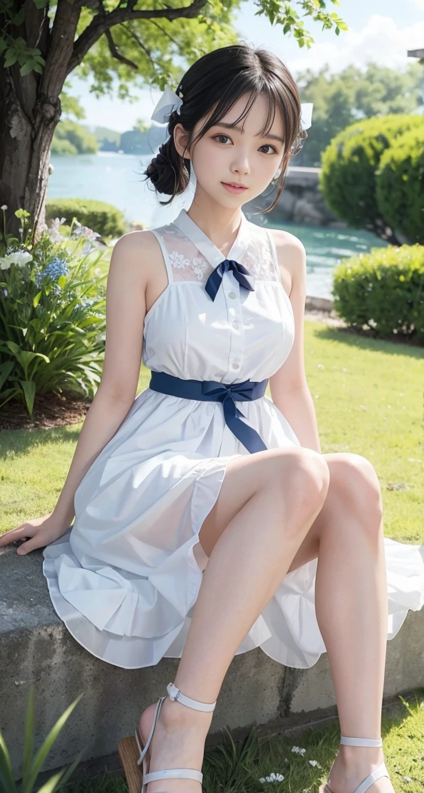 with a girl:her hair is black and short、、laughter、Her face is round and cute。white and blue dress clothes、Floral。white sandal shoes、The ribbon is attached to the ankle。with a girlが椅子に座っている、scene:There is a beautiful scene floating in the background.、blue sky, White cloud, Green meadows and colorful flowers。The scene is softly painted like a watercolor painting.、It's a dreamy atmosphere。The scene expresses the imagination and sensibility of the girl、Pubic hair shows completely naked pubic hair) ,more_be familiar with:1.5, (More and more_be familiar with:1.9)、