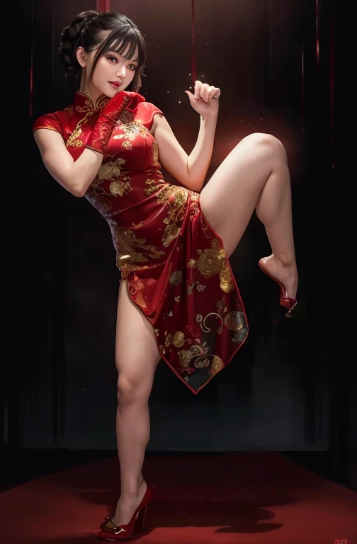 like a movie,perfect face,dynamic composition,long eyelashes,Asian woman in red cheongsam, Very muscular, kung fu pose,braid hair,beautiful hair ornament,long legs,red high heels,red open finger gloves,smile,